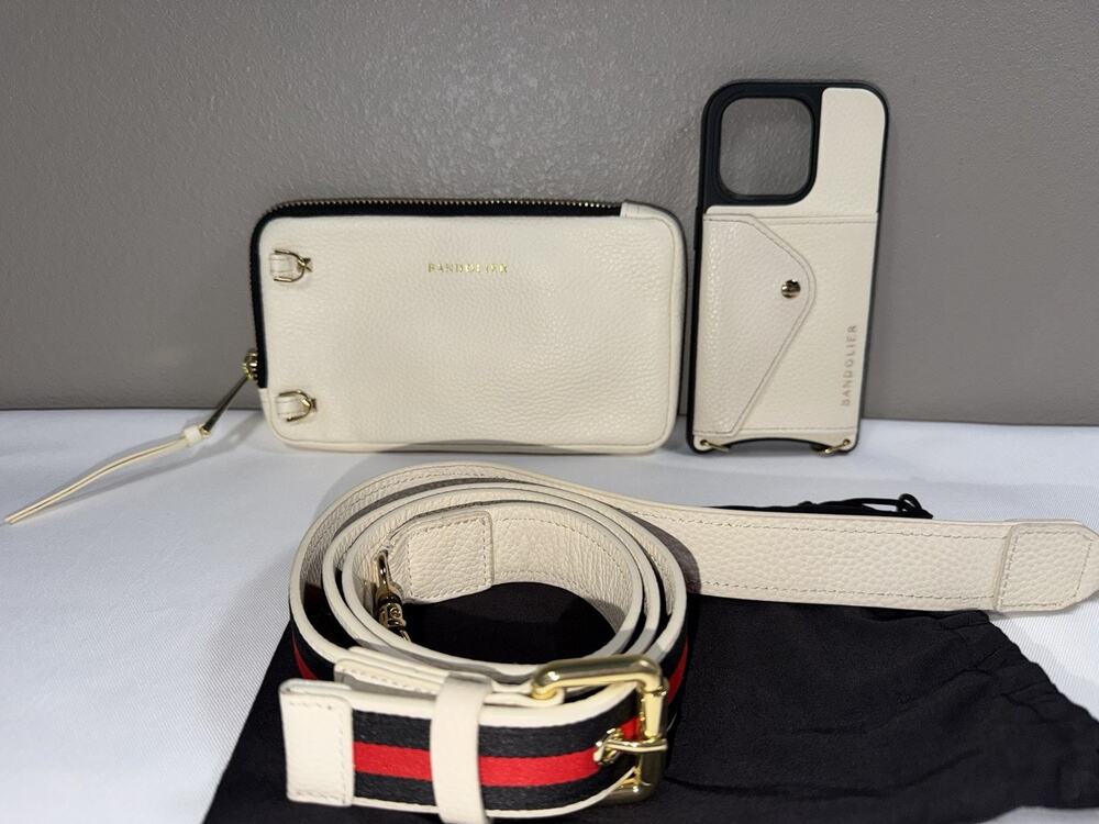 Bandolier For iPhone 14 Pro White Leather Set Case Strap Expanded Pouch Crossbod
